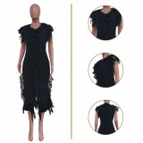 Casual Black Knitted Edge Distressed Tassels Sleeveless Dress