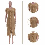 Casual Apricot Knitted Edge Distressed Tassels Sleeveless Dress