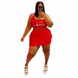 Casual Red Print Joint U Neck Vest Pencil Skirt Plus Size Two Piece Set