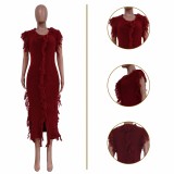 Casual Wine Red Knitted Edge Distressed Tassels Sleeveless Dress