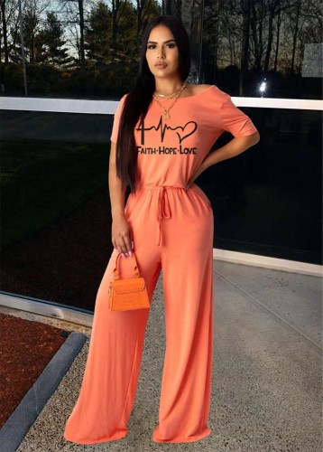 Fashion Short Sleeve Women's Casual Orange Printed Letter Jumpsuit with Belted