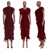Casual Wine Red Knitted Edge Distressed Tassels Sleeveless Dress