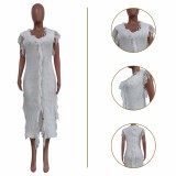 Casual White Knitted Edge Distressed Tassels Sleeveless Dress
