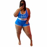 Plus Size Blue Printed Tank Top And Shorts 2 Piece Sets in Valentine's Day