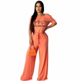 Fashion Short Sleeve Women's Casual Orange Printed Letter Jumpsuit with Belted