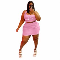 Casual Pink Print Joint U Neck Vest Pencil Skirt Plus Size Two Piece Set