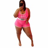 Plus Size Pink Printed Tank Top And Shorts 2 Piece Sets in Valentine's Day