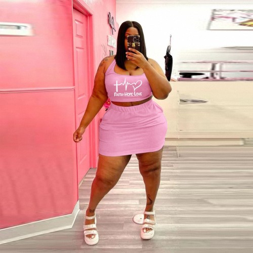 Casual Pink Print Joint U Neck Vest Pencil Skirt Plus Size Two Piece Set