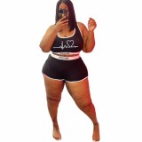 Plus Size Black Printed Tank Top And Shorts 2 Piece Sets in Valentine's Day