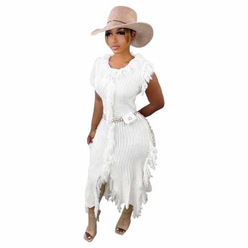 Casual White Knitted Edge Distressed Tassels Sleeveless Dress