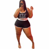 Plus Size Black Printed Valentine Tank Top And Shorts 2 Piece Sets