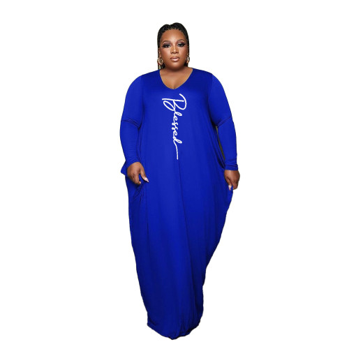 Spring Autumn Plus Size Dark Blue Women's Printed Irregular Hem Maxi Dress