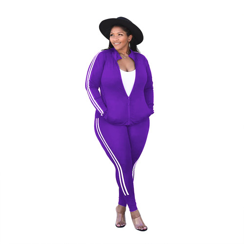 Women's Plus Size Purple Tracksuit Zipper Long Sleeve Tops Sweatshirt Set Sports Suit Fitness Jogger 2 Piece Sets