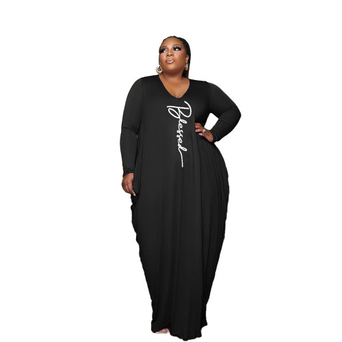 Spring Autumn Plus Size Black Women's Printed Irregular Hem Maxi Dress