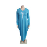 Spring Autumn Plus Size Light Blue Women's Printed Irregular Hem Maxi Dress