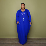 Spring Autumn Plus Size Dark Blue Women's Printed Irregular Hem Maxi Dress