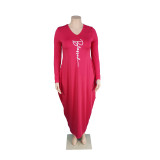 Spring Autumn Plus Size Red Women's Printed Irregular Hem Maxi Dress