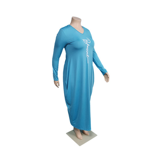 Spring Autumn Plus Size Light Blue Women's Printed Irregular Hem Maxi Dress