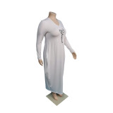 Spring Autumn Plus Size White Women's Printed Irregular Hem Maxi Dress