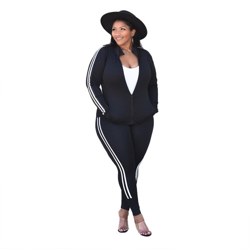 Women's Plus Size Black Tracksuit Zipper Long Sleeve Tops Sweatshirt Set Sports Suit Fitness Jogger 2 Piece Sets