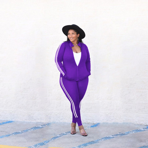 Women's Plus Size Purple Tracksuit Zipper Long Sleeve Tops Sweatshirt Set Sports Suit Fitness Jogger 2 Piece Sets