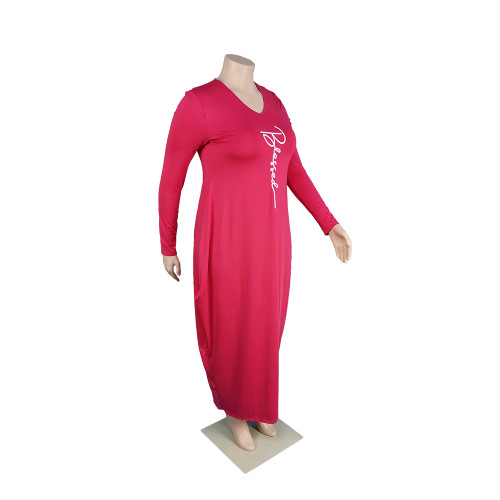 Spring Autumn Plus Size Red Women's Printed Irregular Hem Maxi Dress