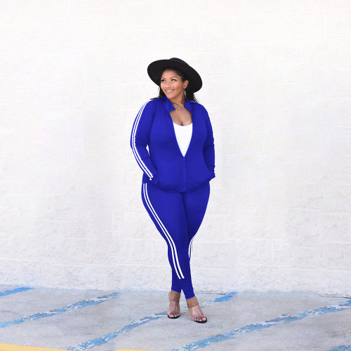 Women's Plus Size Dark Blue Tracksuit Zipper Long Sleeve Tops Sweatshirt Set Sports Suit Fitness Jogger 2 Piece Sets