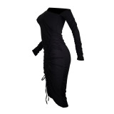 Spring Black Slanted Shoulder Smocked Slit Midi Dress