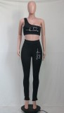 Spring Casual Fashion Black Print Sleeveless Single Shoulder Two Piece Set