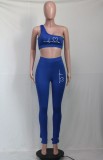 Spring Casual Fashion Blue Print Sleeveless Single Shoulder Two Piece Set
