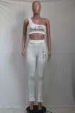 Spring Casual Fashion White Print Sleeveless Single Shoulder Two Piece Set
