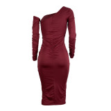 Spring Wine Red Slanted Shoulder Smocked Slit Midi Dress