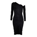 Spring Black Slanted Shoulder Smocked Slit Midi Dress