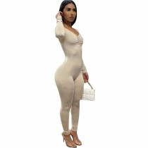 Solid Color Khaki Spring Thin V Neck Pleated One Piece Jumpsuit