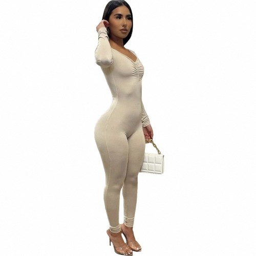 Solid Color Khaki Spring Thin V Neck Pleated One Piece Jumpsuit