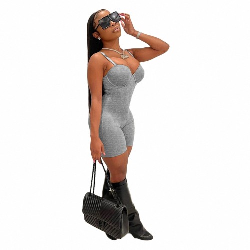 2022 Summer Women's Grey Sexy Low-cut Straps High-waist One Piece Shorts Rompers