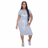 Solid Color Grey Short Sleeve Printed Midi Dresses
