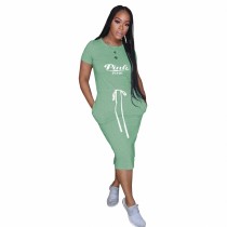 Solid Color Light Green Short Sleeve Printed Midi Dresses