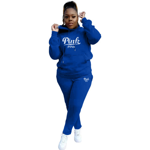 Women's Blue Embroidered Letter Hooded Tracksuit Two Piece