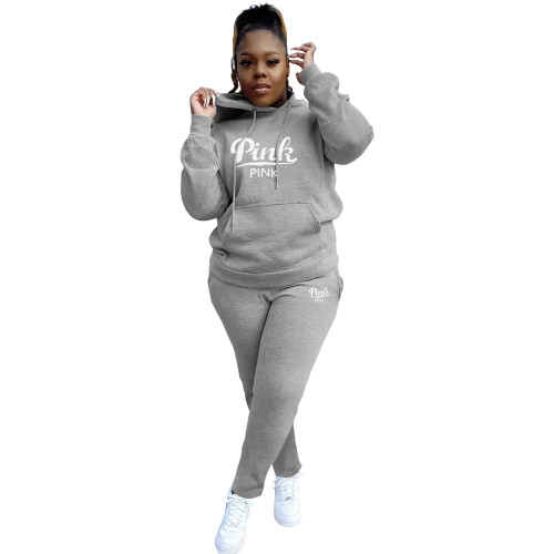 Women's Grey Embroidered Letter Hooded Tracksuit Two Piece
