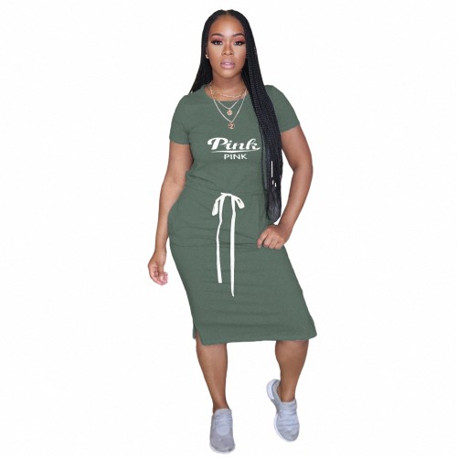 Solid Color Green Short Sleeve Printed Midi Dresses