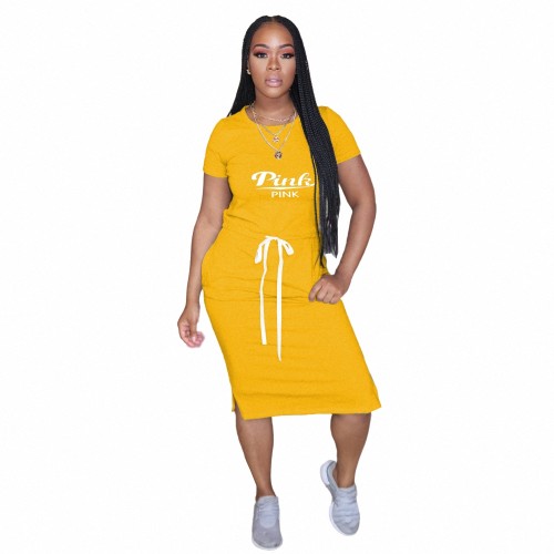 Solid Color Yellow Short Sleeve Printed Midi Dresses