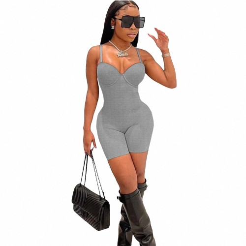 2022 Summer Women's Grey Sexy Low-cut Straps High-waist One Piece Shorts Rompers