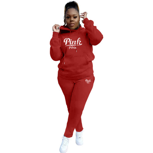Women's Red Embroidered Letter Hooded Tracksuit Two Piece