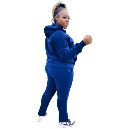 Women's Blue Embroidered Letter Hooded Tracksuit Two Piece