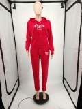 Women's Red Embroidered Letter Hooded Tracksuit Two Piece