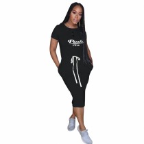 Solid Color Black Short Sleeve Printed Midi Dresses