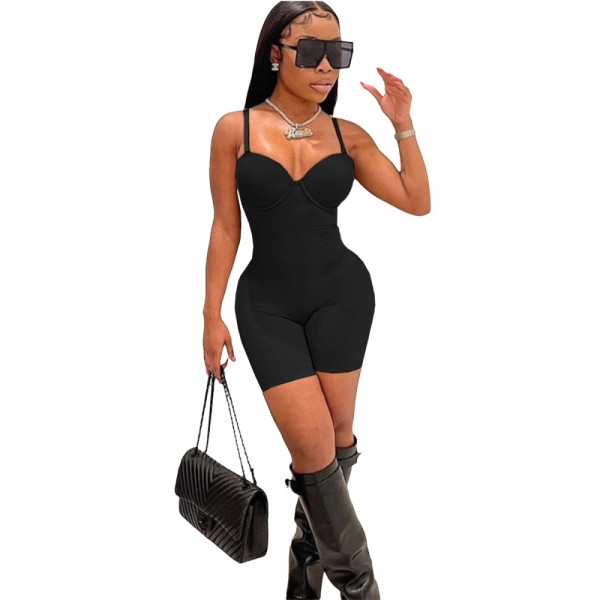 2022 Summer Women's Black Sexy Low-cut Straps High-waist One Piece Shorts Rompers