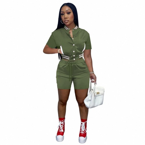 2022 Air Layer Women's Army Green Jacket Set Summer Short Sleeves Double Layer Threaded Baseball Uniform 2 Pcs