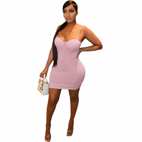 Summer Women's Fashion Pink Party Low-cut Straps Solid Color High Waist MINI Dress